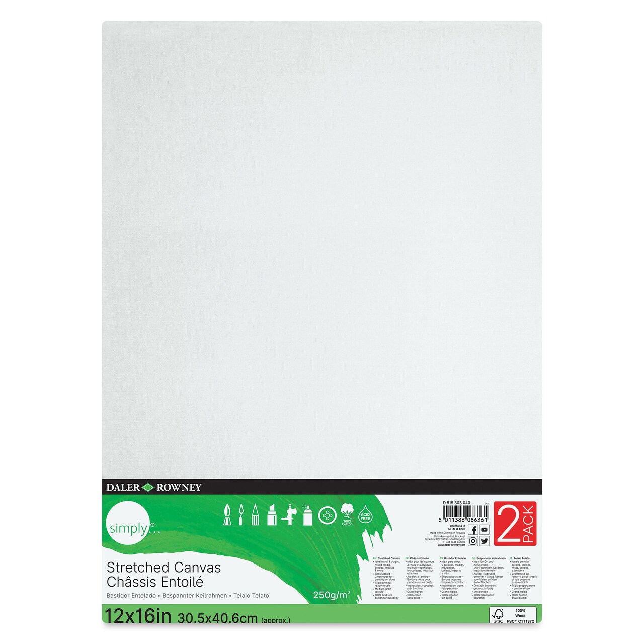 Daler-Rowney Simply Stretched Cotton Canvases - Pkg of 2, 12" x 16"